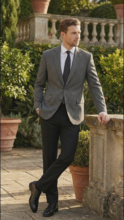 Men’s Charcoal Grey Pinstripe Blazer – Classic Tailored Formal Jacket for Business, Professional Wear Sportcoat