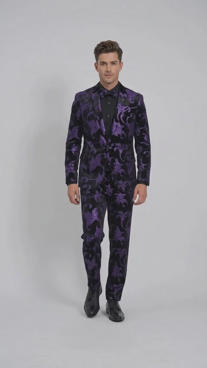 Men’s Purple and Black Paisley Tuxedo Suit – Mardi Gras Dinner Jacket with Matching Pants