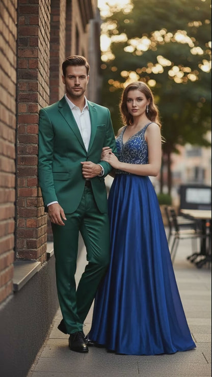 Mens Shiny emerald Green Sateen 2-Piece Slim Fit Suit  Formal Blazer and Pants Set Prom Wedding