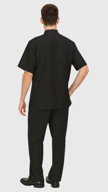 Mens Black Banded Collar Walking Suit  Short Sleeve Shirt and Matching Pants Banded Collar Linen Fabric