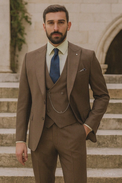 Classic Formal Brown Suit for Men  Vest & Chain 3-Piece Design