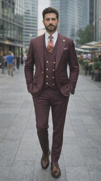 Rossiman Burgundy Suit for Men Peak Lapel 1-Button Jacket & Double-Breasted Vest