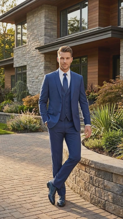 Men’s Blue 3 Piece Vested Tuxedo with 2 Button Jacket, Satin Trim and Matching Pants