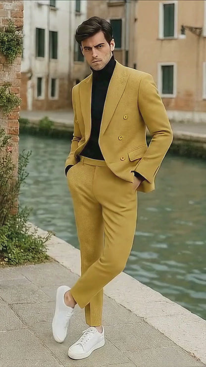 Mens Gold Double Breasted Suit  Classic 1920s Camel Color Formal Slim Fit Suit