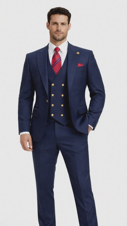Rossiman Brand Navy Blue Suits - 1 Button Suit Peak Lapel Double Breasted Vest