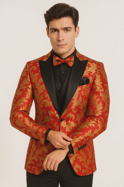 Mens Shiny Paisley Vested Wedding and Prom Tuxedo in Red and Gold