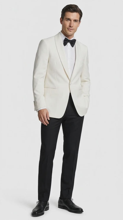 Men’s Vintage Hollywood Ivory Tuxedo – Black Shawl Lapel Wedding, Prom and Formal Dinner Jacket with Black Pants