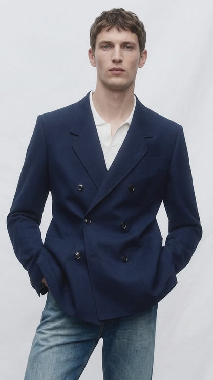 Men’s Navy Blue Double Breasted Blazer – Formal Sport Coat