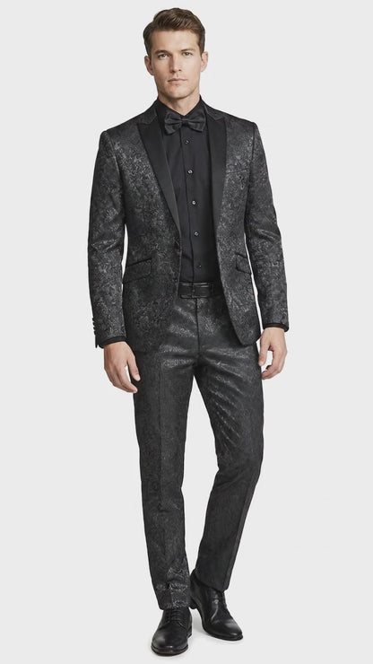 Men’s Black Paisley Wedding and Prom Tuxedo with One Button Jacket, Formal Dinner Suit