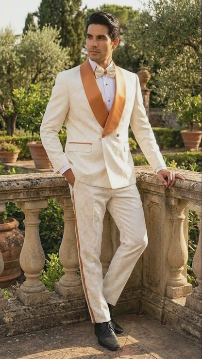 Men's Ivory and Gold Jacquard Tuxedo Suit  Bowtie  Formal Wedding, Prom, and Gala Outfit in Cream Off White color