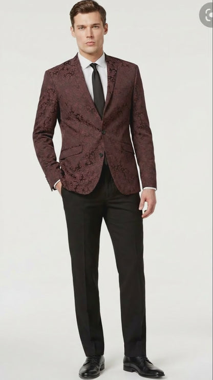 Mens Burgundy Paisley Blazer Sport Coat  Velvet Dinner Jacket floral in Maroon Wine Color Ultra Slim Fit Smoking Jacket