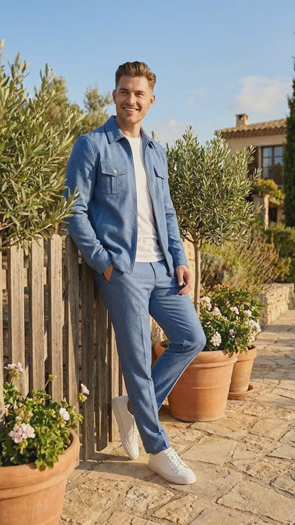 Mens Light Blue Walking Suit Set – Safair Military Casual Jacket and Pants Outfit for Travel, Vacation, Streetwear