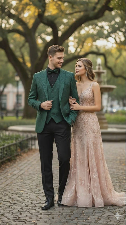 Mens Emerald Green Paisley Tuxedo 3-Piece Suit  Slim Fit Formal Blazer, Vest, and Pants for Weddings, Proms