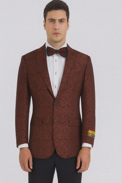 Mens Paisley Blazer - Floral Pattern Rust Copper Color and Black Mix - Light Brown Color Tuxedo Dinner Jacket