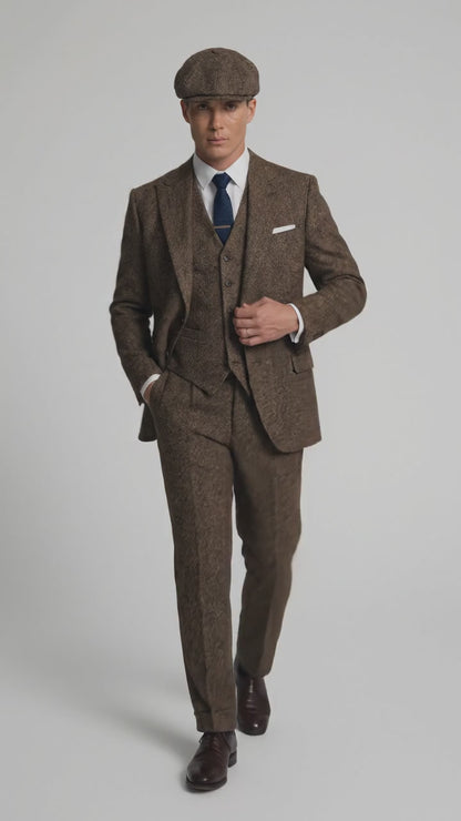 Men's Thomas Shelby Brown Herringbone 3-Piece Suit – Peaky Blinders 1920s Vintage-Style Suit with Matching Vest & Trousers