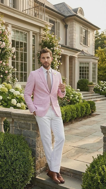 Men's Pink Seersucker Blazer – Lightweight Striped Summer Sport Coat Casual Smart Formal Jacket