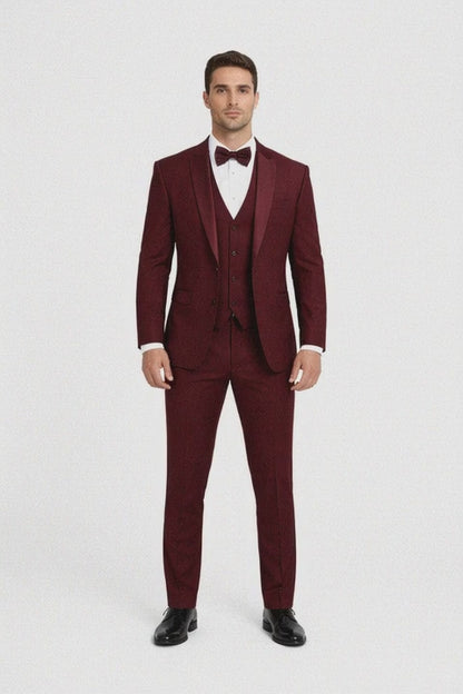 Mens One Button Satin Trim Shawl Tuxedo in Burgundy Wool