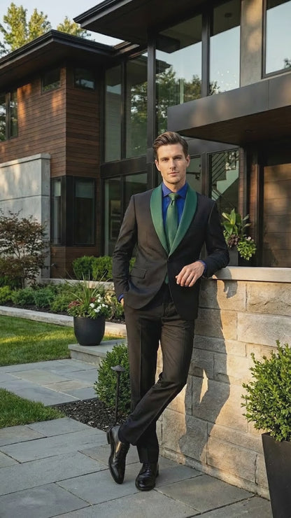 Men’s Black Suit with Hunter Green Shawl Lapel – Black and Hunter Green Formal Tuxedo Suit for Wedding, Prom With Bow Tie