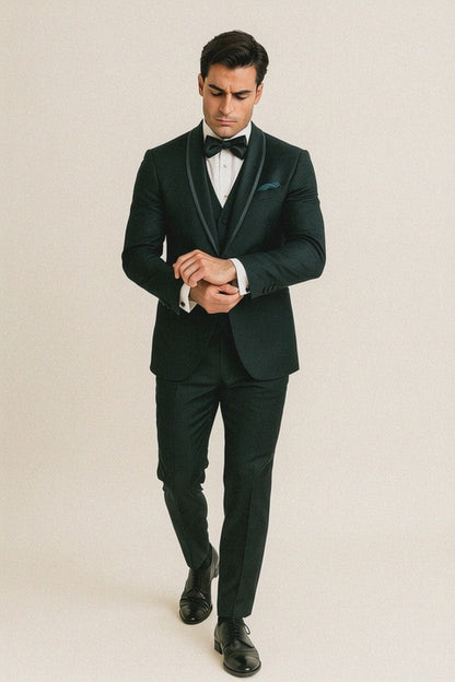 Mens Vested Shawl Lapel Tuxedo With Satin Trim in Hunter Green