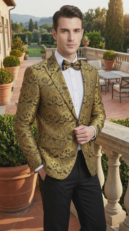 Men’s Gold Paisley Dinner Jacket Blazer – Fancy Formal Wedding Prom Party Tuxedo Jacket
