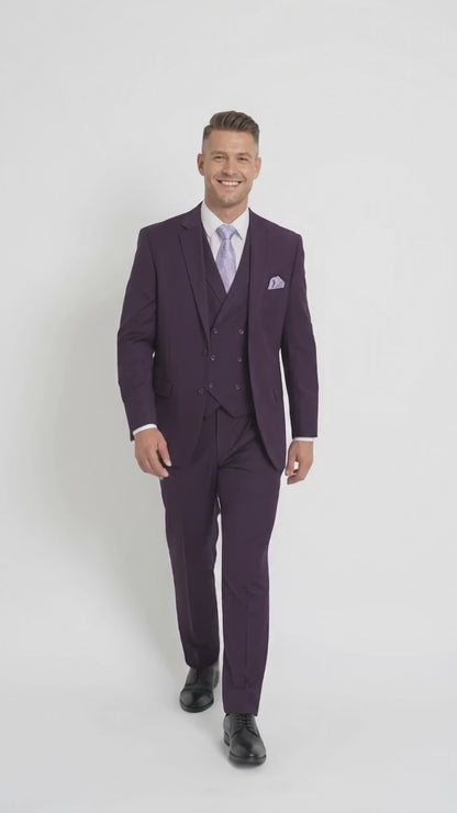 Men’s Purple Two Button Fashion Suit with Double Breasted Vest, Formal Wedding Prom Dress Suit