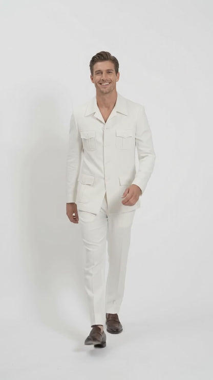 Men’s Off White Casual Safari Suit BP8102, Pocket Front Shirt Jacket and Pants Set