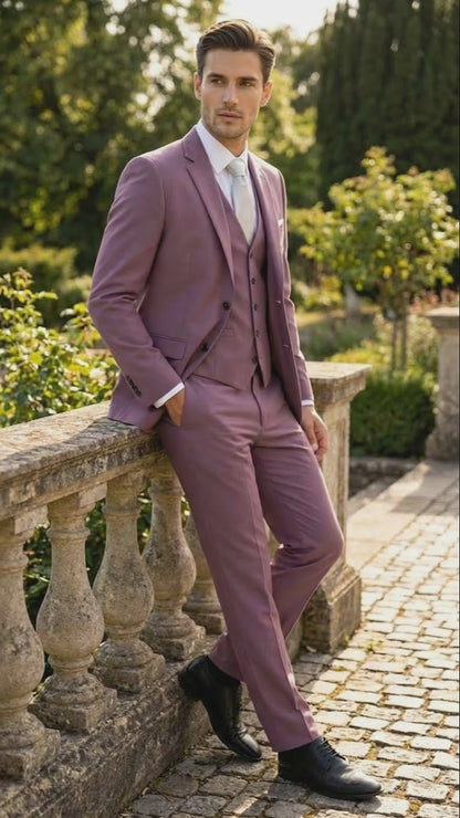 Mens Mauve Three-Piece Suit  Slim Fit Formal Blazer, Vest, and Trousers for Weddings Rose Gold Pinkish Color