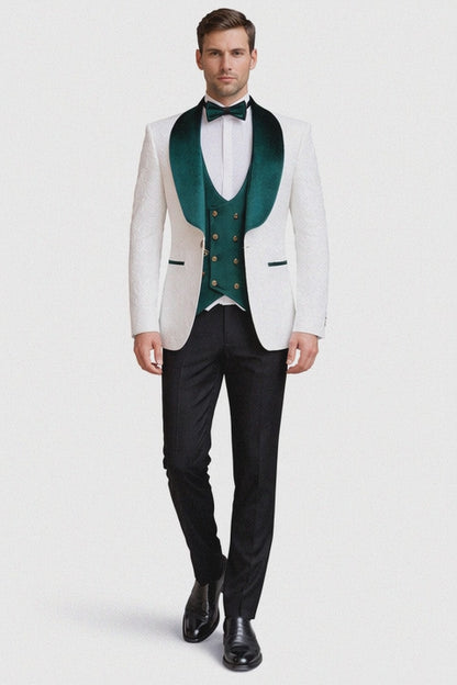 Mens Groom Wedding Shawl Collar - Paisley Green Velvet 4pc Suit W/ Matching Bowtie