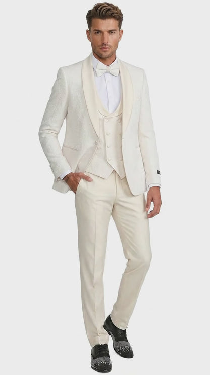 Men’s Ivory Paisley Tuxedo Suit 3 Piece – One Button Vested Satin Formal Suit for Wedding in Off white Cream Color