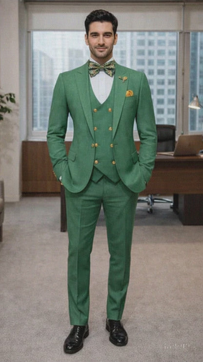 Men??s Green Slim Fit Suit by Rossiman ?? Stylish Double-Breasted Vest & Flat Front Pants