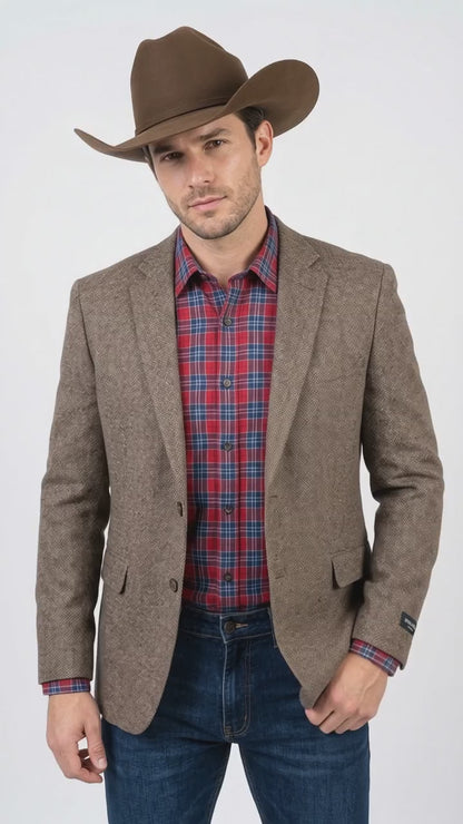 Men’s Light Brown Western Blazer – Textured Tweed Herringbone Cowboy Sport Coat for Rodeo, Country Taupe Dark Tan Color Wool Fabric