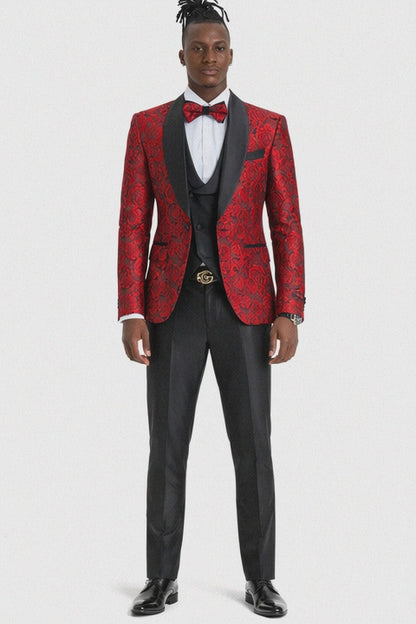 Men's One Button Slim Fit Shiny Paisely Floral Vested  Prom Tuxedo In Red