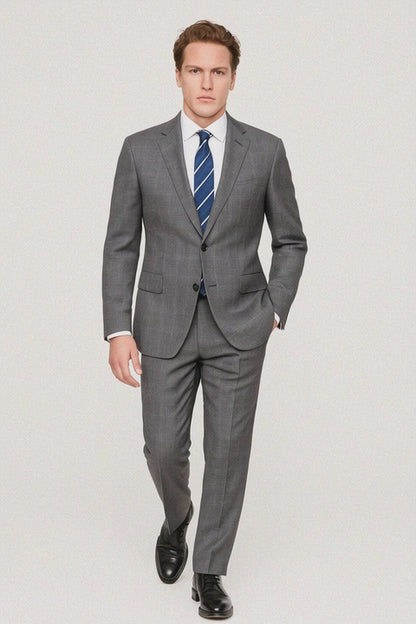 Mens Modern Fit Plaid Suit Grey