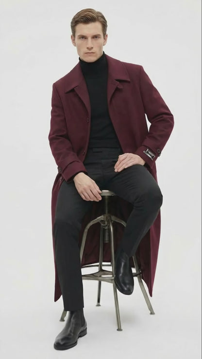 Mens Full-Length Burgundy Overcoat  Microfiber 4 season fabric  Long Formal Coat with Classic Tailored Maxi Duster Coat
