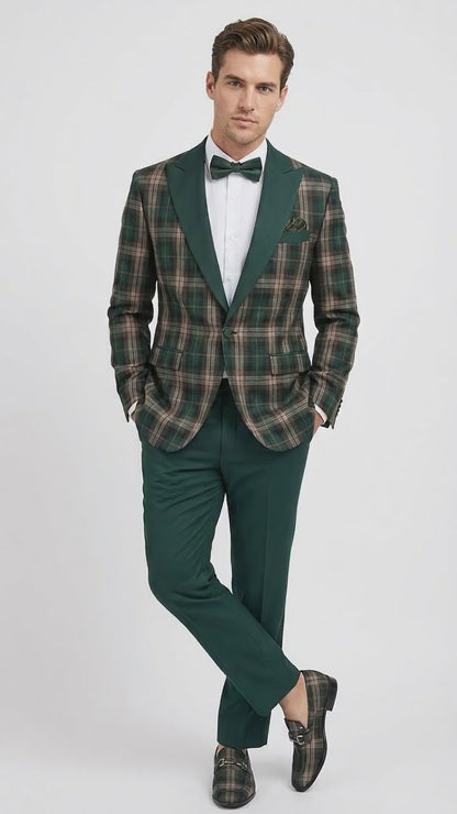 Mens Tartan Green and Brown Blue Plaid Tuxedo Dinner Jacket Set – Checkered Prom Blazer with Dark Green Pants Formal Wedding Party Wear