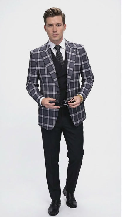Mens Big and Tall Charcoal Gray and Black Plaid Blazer  Grey Checker Windowpane Sport Coat