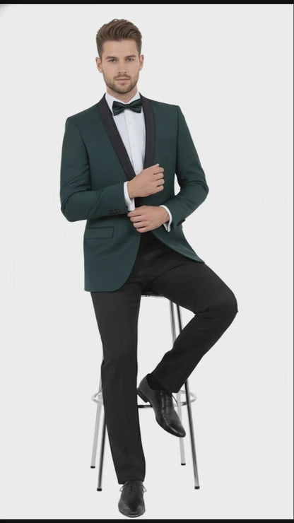Mens Green Tuxedo Suit  Slim Fit Jacket with Black Satin Shawl Lapel and Black Pants in Hunter Green
