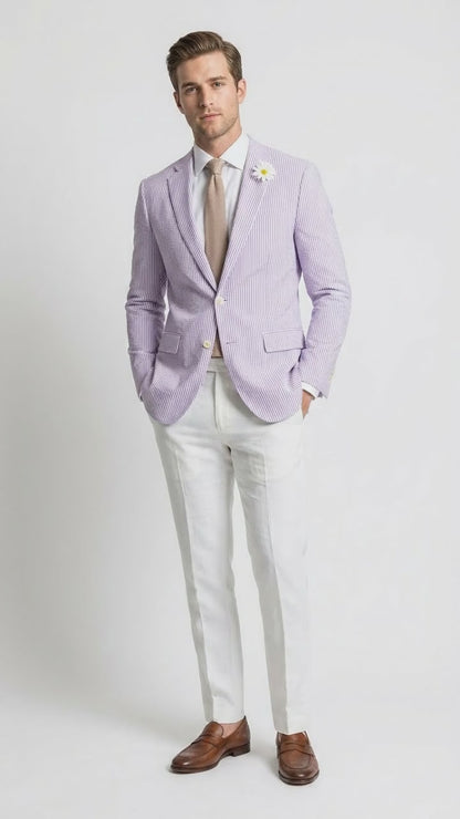 Mens Lavender Seersucker Blazer – Lightweight Striped Summer Sport Coat Casual Smart Formal Jacket