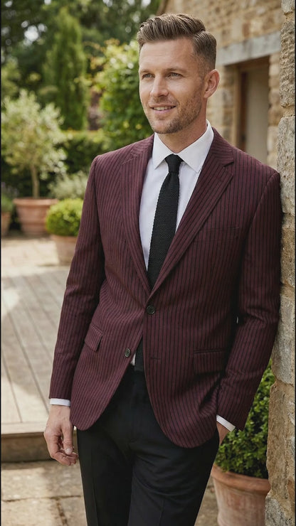 Men’s Burgundy Pinstripe Blazer – Classic Tailored Formal Jacket for Business, Office and Evening Wear
