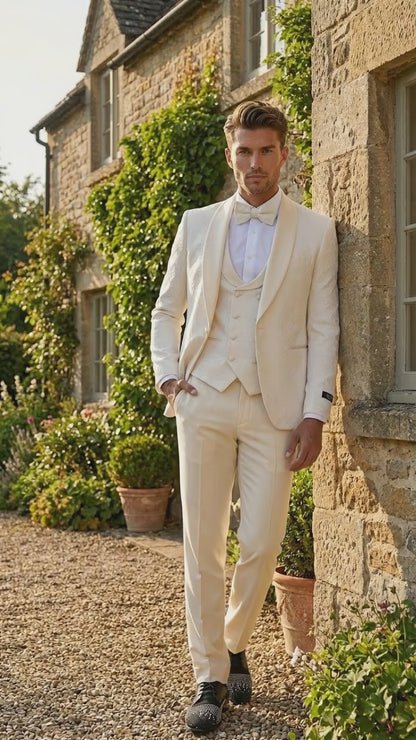 Men’s Ivory Paisley Tuxedo Suit 3 Piece – One Button Vested Satin Formal Suit for Wedding in Off white Cream Color