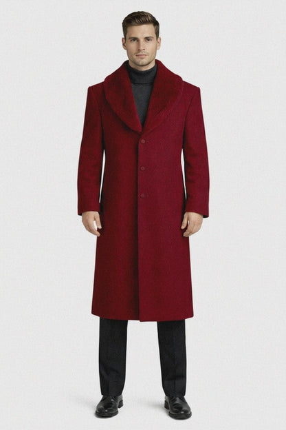 Mens Overcoat With Fur Collar - Burgundy Topcoat - Maroon Wool Fabric Long Coat