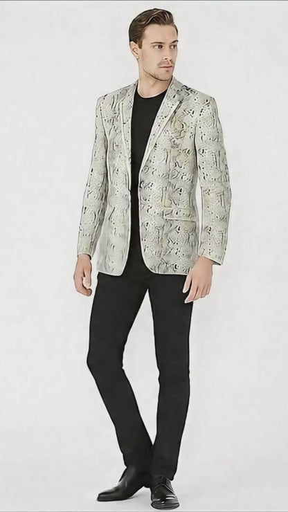 Mens White Snake Print Blazer  Exotic Slim Fit Party and Fashion Jacket - Alligator crocodile print