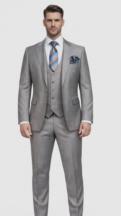 Men's Gray Slim Fit 3-Piece Suit by Rossiman ?? With Vest & Tailored Trousers