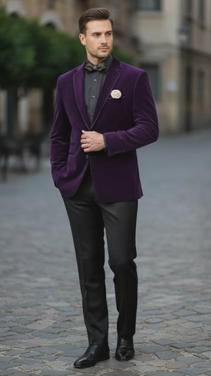 Mens Purple Velvet Blazer  Luxury Slim Fit Formal Jacket with Black Satin Trim Tuxedo Dinner Jacket