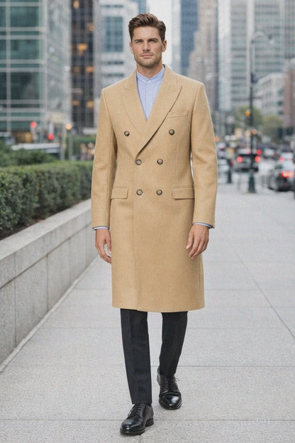 Men's Double Breasted Camel Back Wool Blend Vent Overcoat