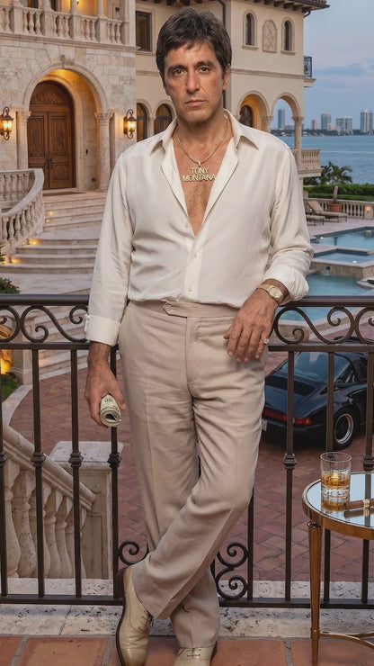 Tony Montana’s White Linen Shirt and Tan Pants – Men’s White Formal Shirt with Tan Trousers for Party, Wedding and Vintage Style Outfit