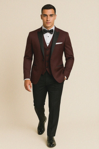 Mens Designer Marbella One Button Peak Tuxedo in Burgundy