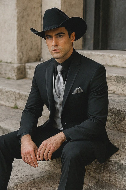 Mens Black Western Tuxedo with Silver Vest & Cowboy Hat  Slim Fit