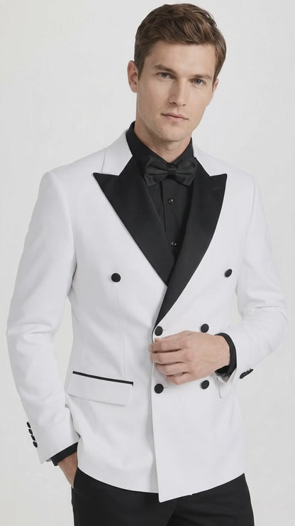 Men's White Double Breasted Tuxedo Dinner Jacket with Black Satin Peak Lapel – Formal Wedding Prom Blazer