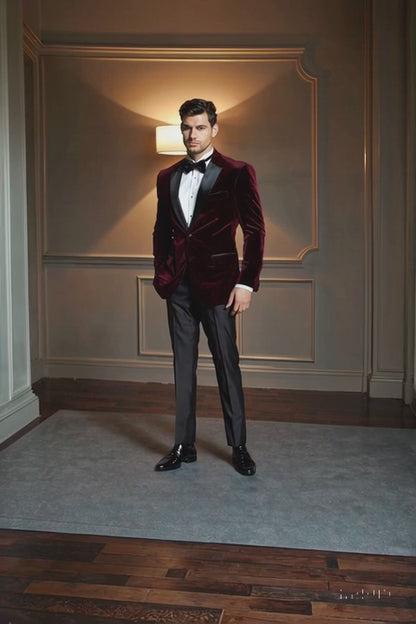 Mens Velvet Notch Prom Tuxedo in Burgundy